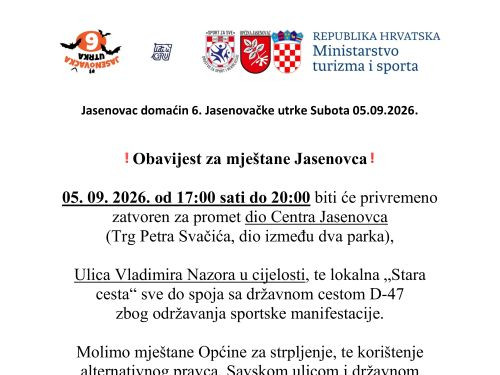 Privremena regulacija prometa zbog održavanja 6. Jasenovačke utrke