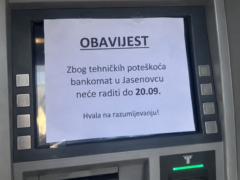 Obavijest o privremenom prekidu rada bankomata u Jasenovcu